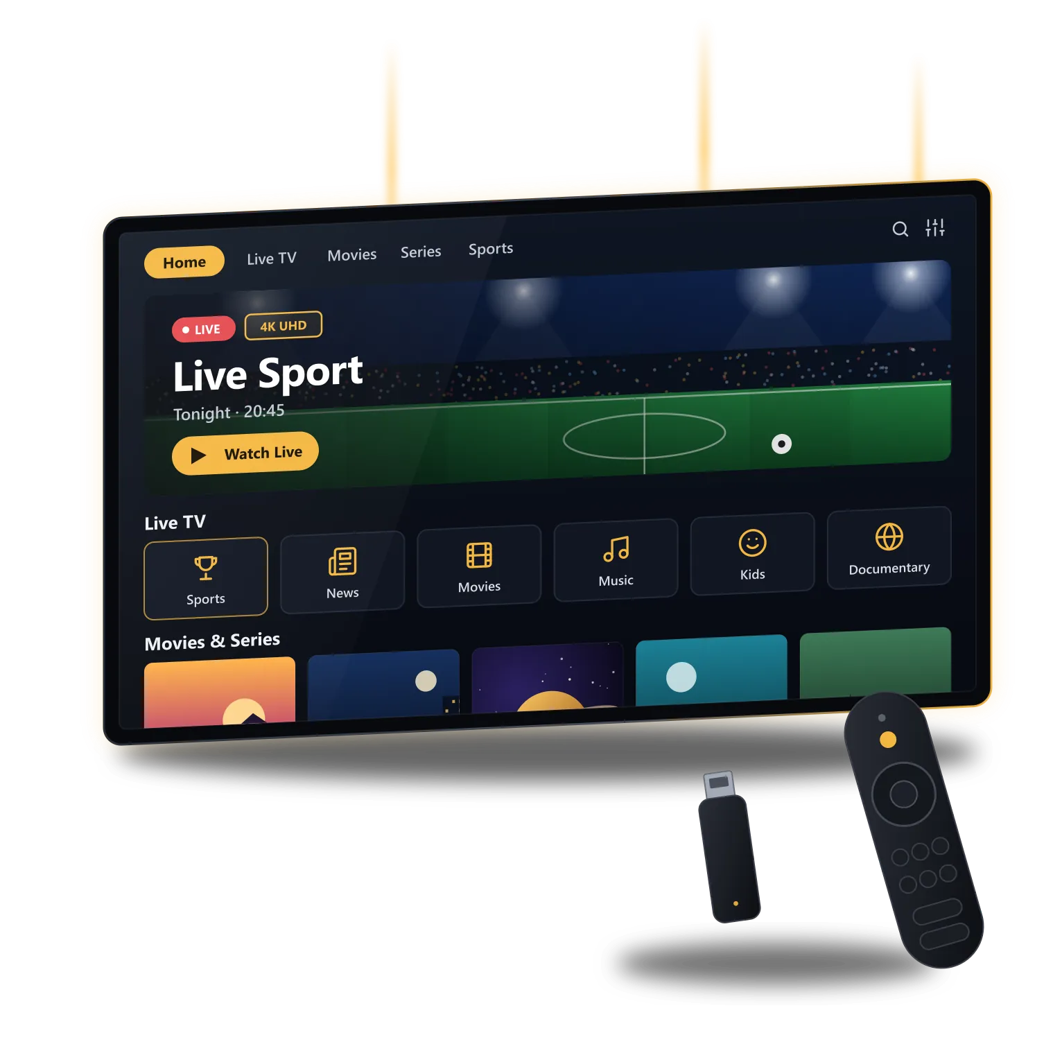 IPTV streaming app on a 4K Smart TV showing live sport, TV channel categories, movies and series, with a remote control and streaming stick