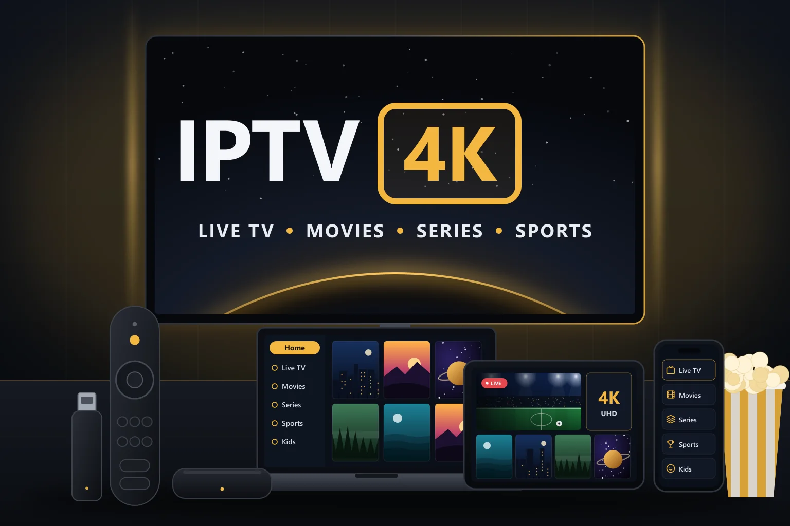 IPTV 4K streaming on a TV, laptop, tablet and smartphone, with a streaming stick, remote control and media box